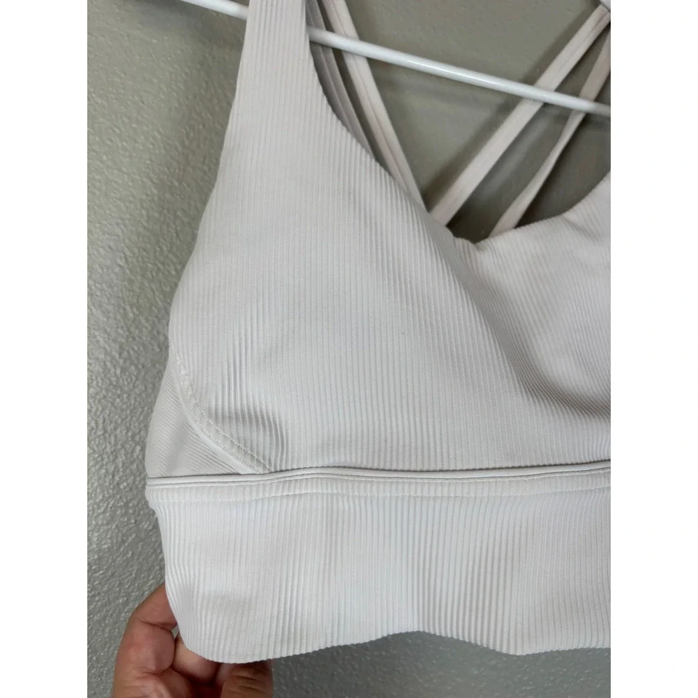 Lululemon Energy Bra Longline Ribbed Pink White Strappy Back Size 10 Medium
